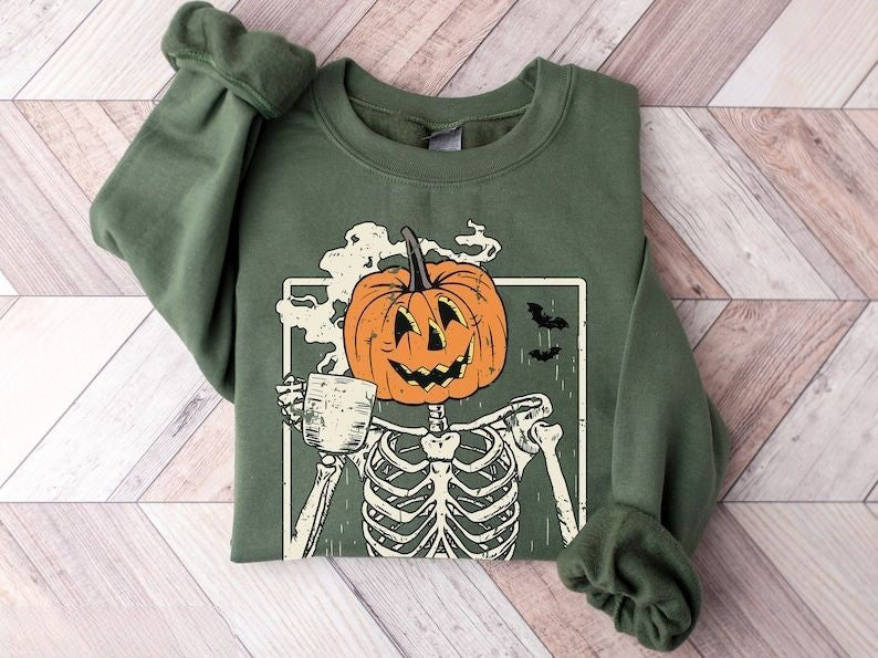 Skeleton Halloween Crewneck Pumpkin Sweatshirt