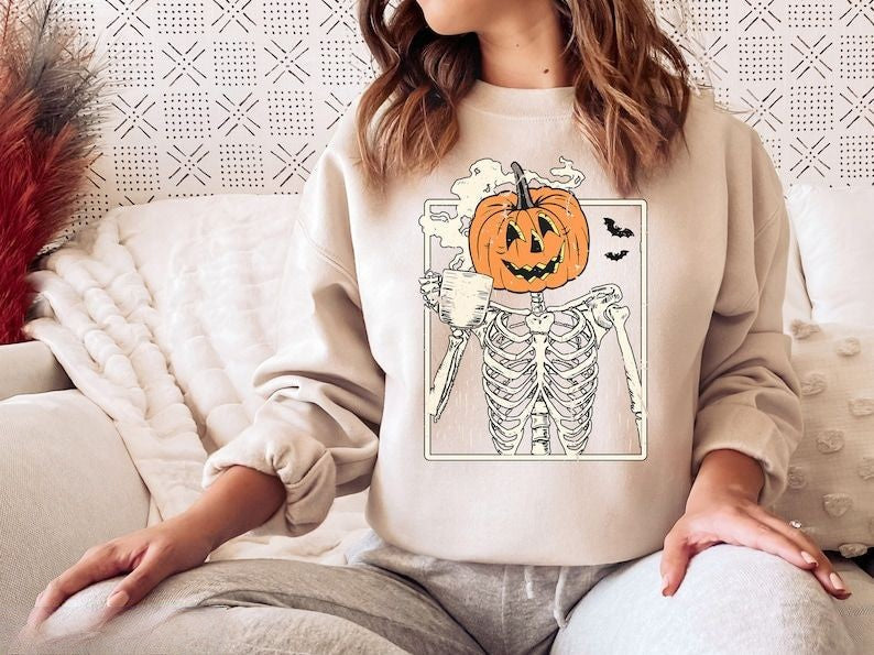 Skeleton Halloween Crewneck Pumpkin Sweatshirt